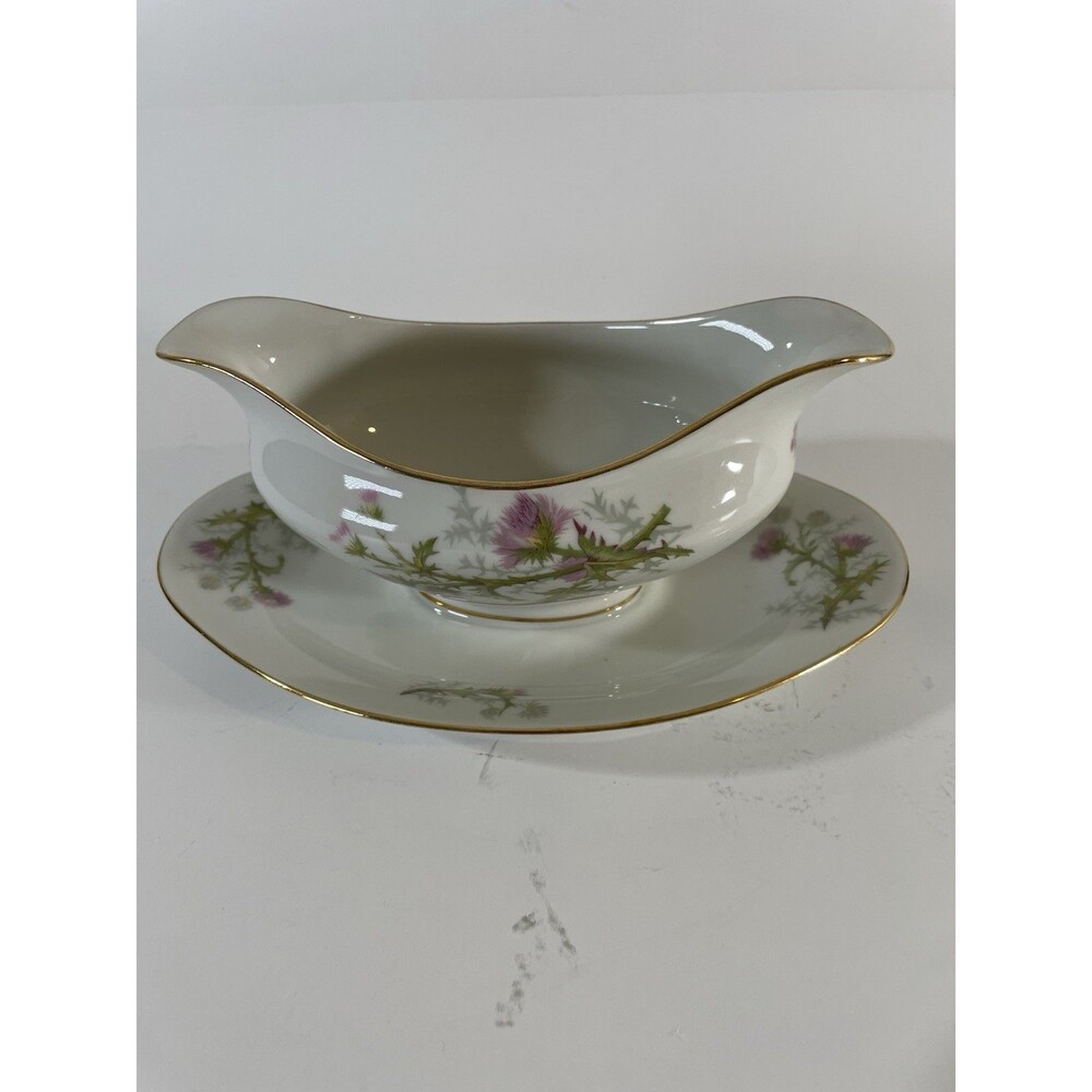 Limoges France Gravy Boat w/ Attached Underplate Thistle Floral Gold Trim